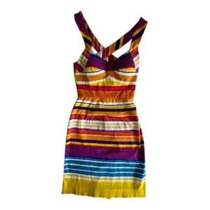 Calvin Klein Bodycon Colorful Striped Back Cross Straps Dress Size 2